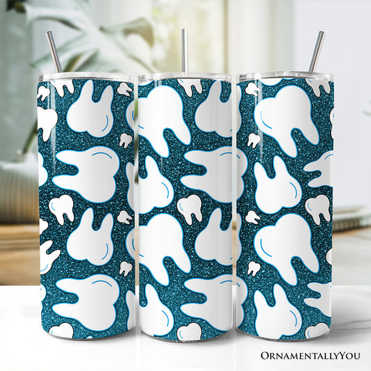 Sparkly Blue Tooth Pattern 20oz Personalized Tumbler With Lid and Stainless Steel Straw, Dental Hygienist Gift Cup