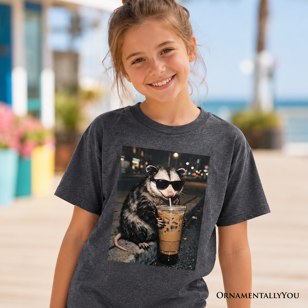 Kids Iced Coffee Opossum T-Shirt, Funny Animal Meme Youth Tee