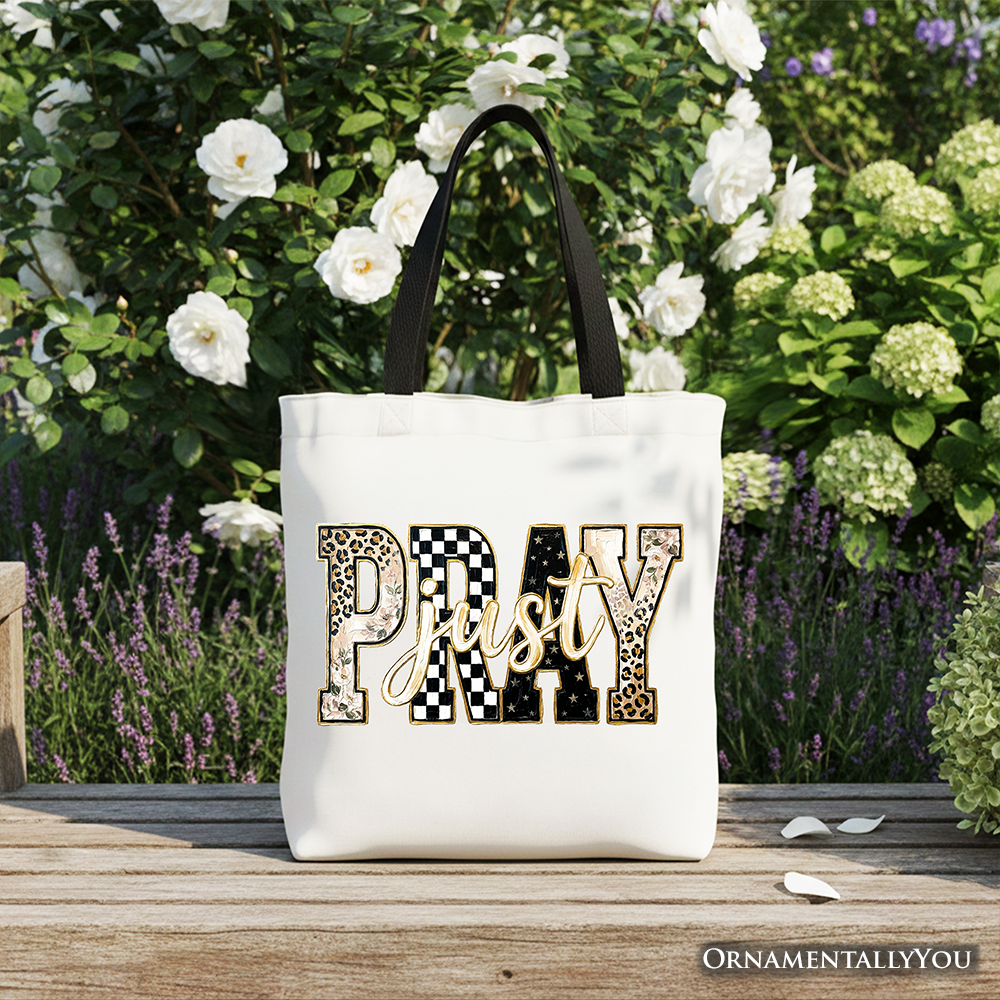 Just Pray Christian Varsity Tote Bag, Retro Leopard Checkered Faith Gift Shopper