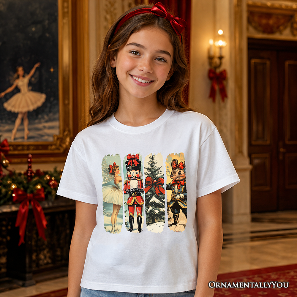 Kids Ballet and Nutcracker Christmas T-Shirt, Coquette Bow and Mouse Youth Vintage Holiday Tee