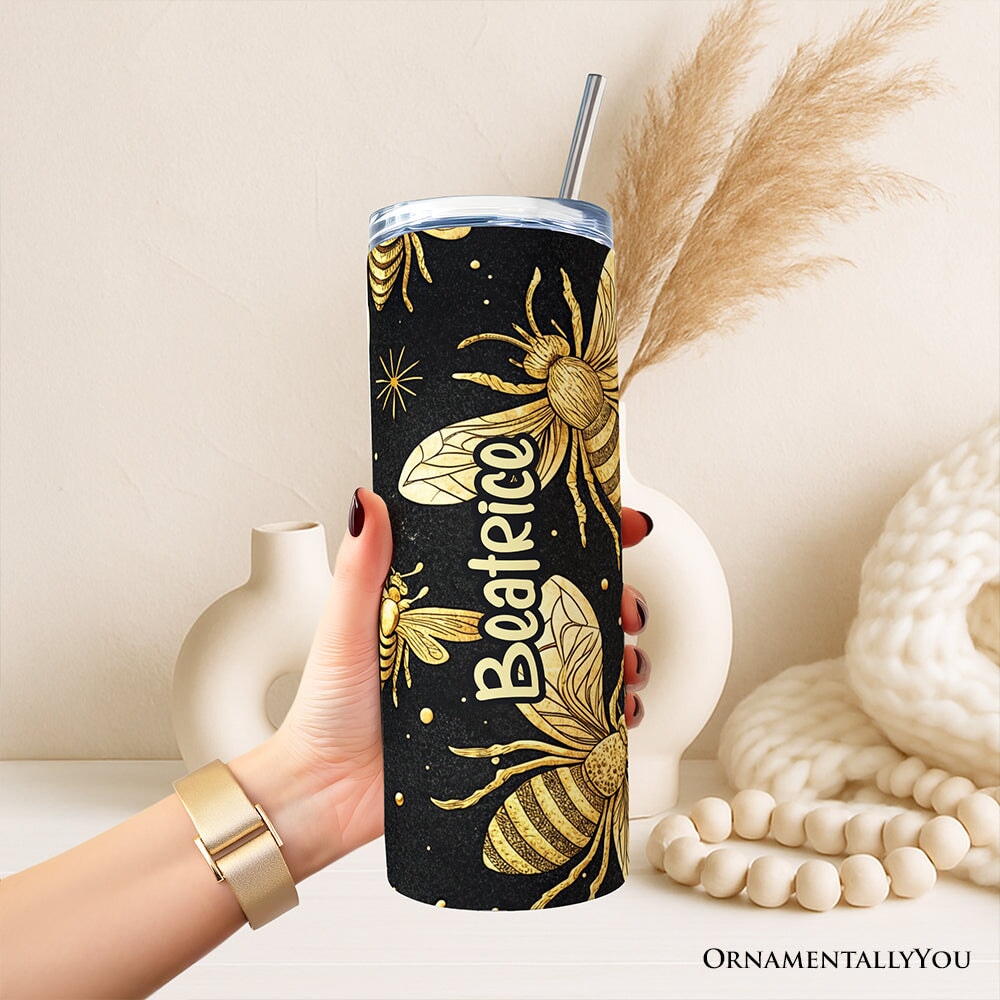 Black and Gold Bee Pattern 20oz Personalized Tumbler With Lid and Stainless Steel Straw, Elegant Apiarist Gift Cup