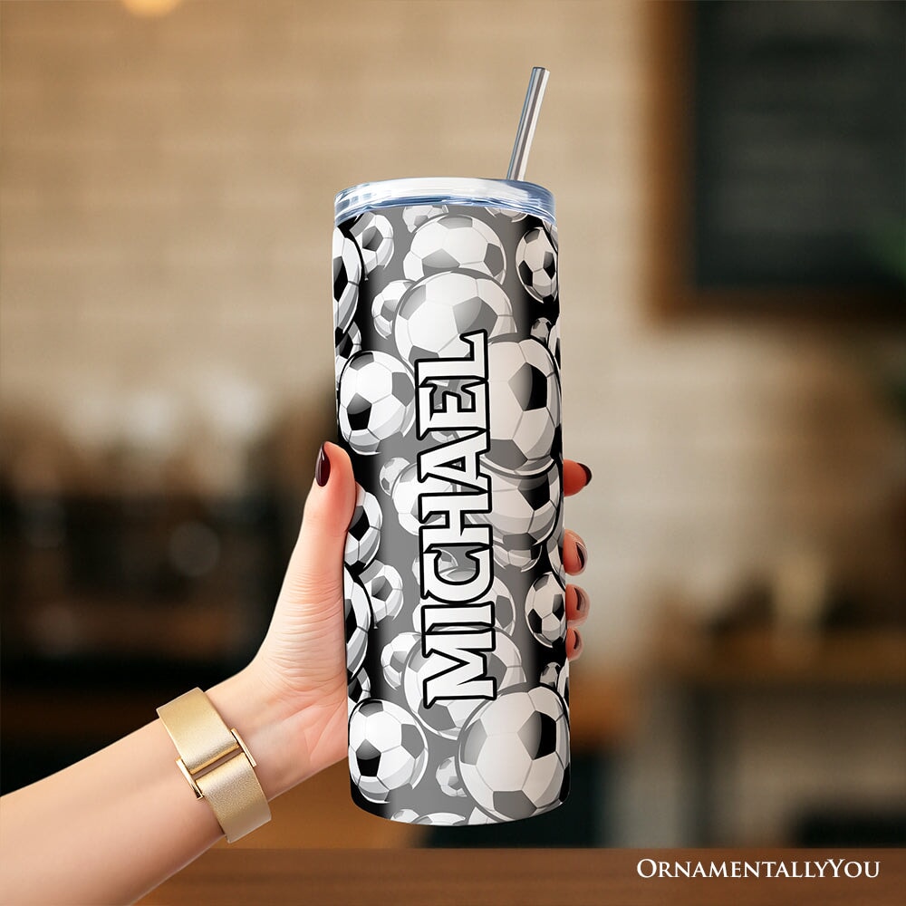 Black and White Soccer Ball 20oz Personalized Tumbler With Lid and Stainless Steel Straw, Football Sports Print Gift Cup