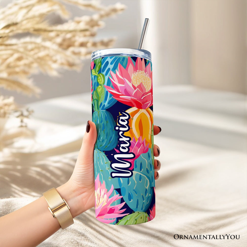 Blooming Desert Cactus Garden 20oz Personalized Tumbler With Lid and Stainless Steel Straw, Colorful Succulent Floral Gift Cup