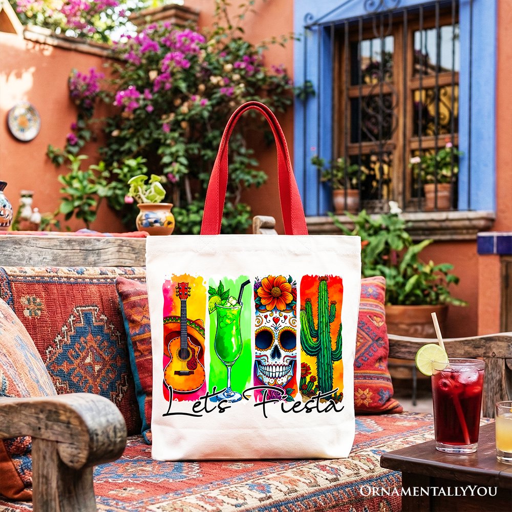 Cinco De Mayo Brushstroke Mexican Tote Bag, Let’s Fiesta Guitar Margarita Skull Cactus Gift Shopper