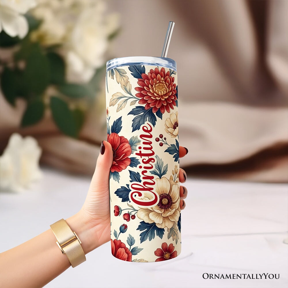 Elegant Red and Cream Flowers 20oz Personalized Tumbler With Lid and Stainless Steel Straw, Classic Floral Pattern Gift Cup