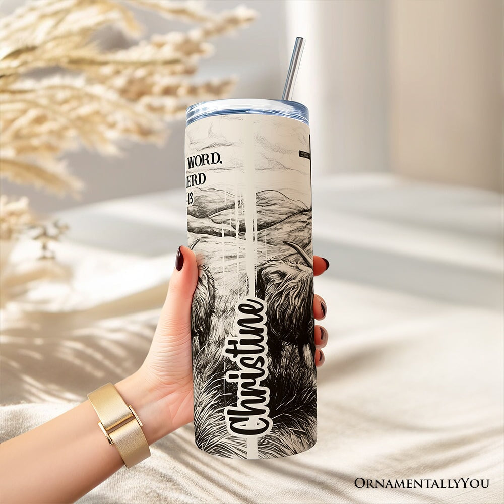 Follow the Word Not the Herd Highland Cow 20oz Personalized Tumbler With Lid and Stainless Steel Straw, Isaiah 8 11-13 Bible Verse Christian Gift Cup
