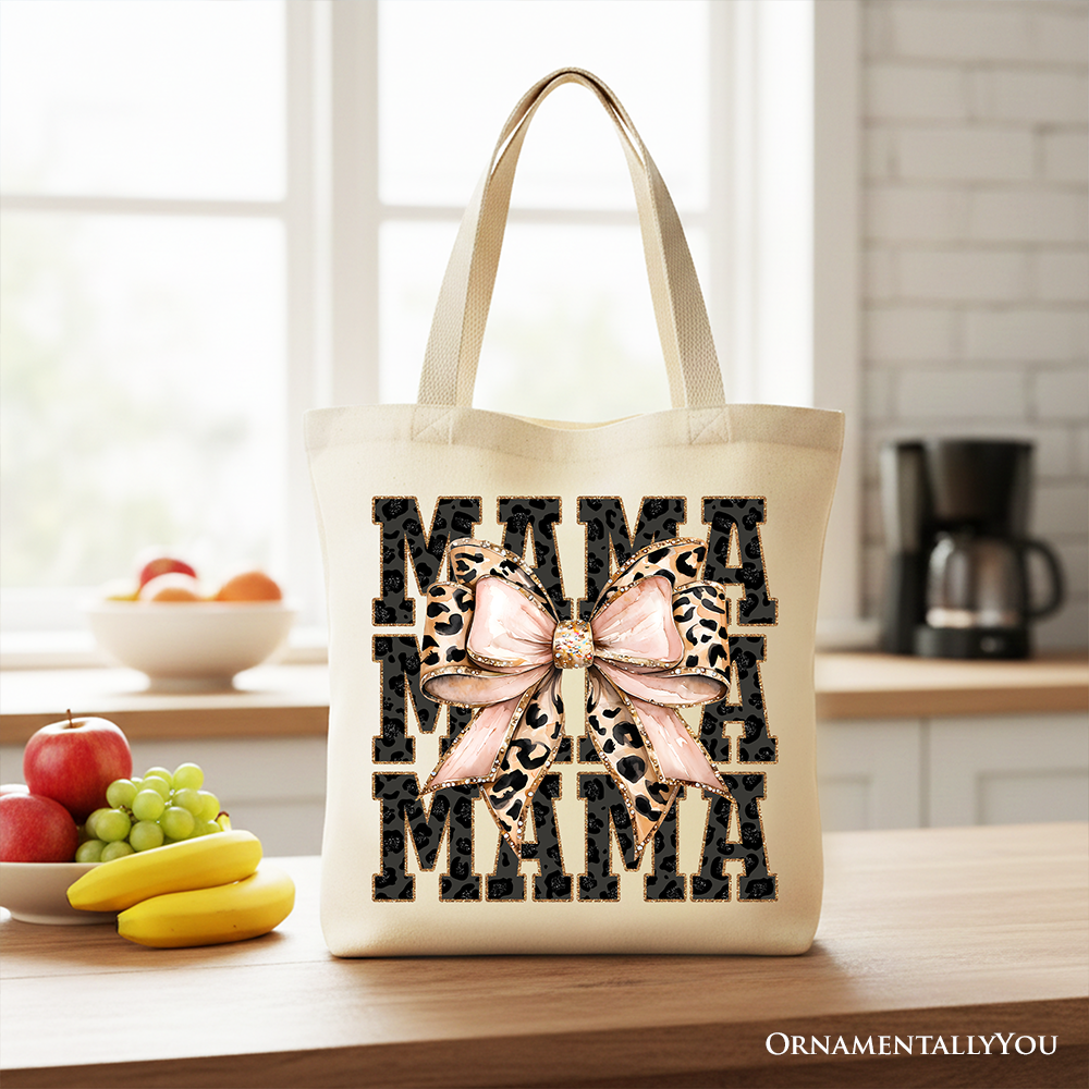 Glitter Leopard Mama Tote Bag, Coquette Bow Gift Shopper for Glam and Trendy Mothers