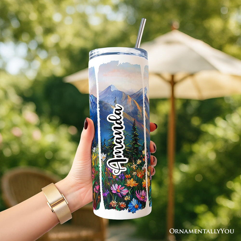 God Is Good All the Time Mountain Christian 20oz Personalized Tumbler With Lid and Stainless Steel Straw, Wildflower Brushstrokes Bible Verse Faith Gift Cup