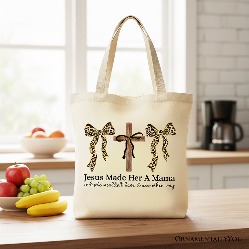 Jesus Made Her A Mama Tote Bag, Coquette Christian Leopard Bows Faith Gift Shopper
