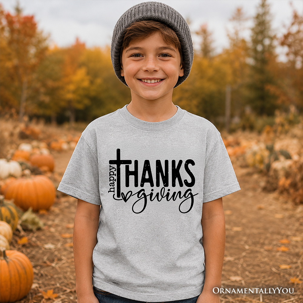 Kids Happy Thanksgiving Minimalist T-Shirt, Christian Religious Fall Tee for Youth