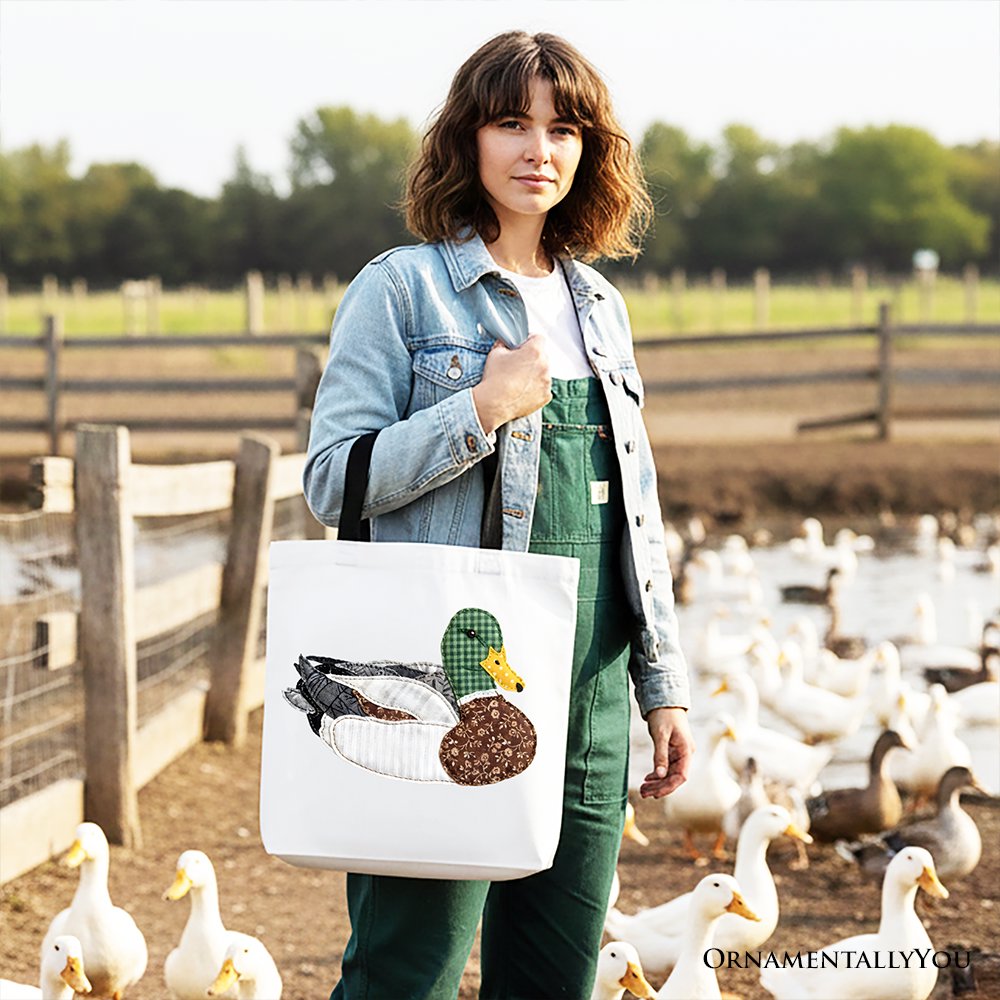 Mallard Duck Printed Faux Patchwork Tote Bag, Hunting Outdoors Gift Shopper