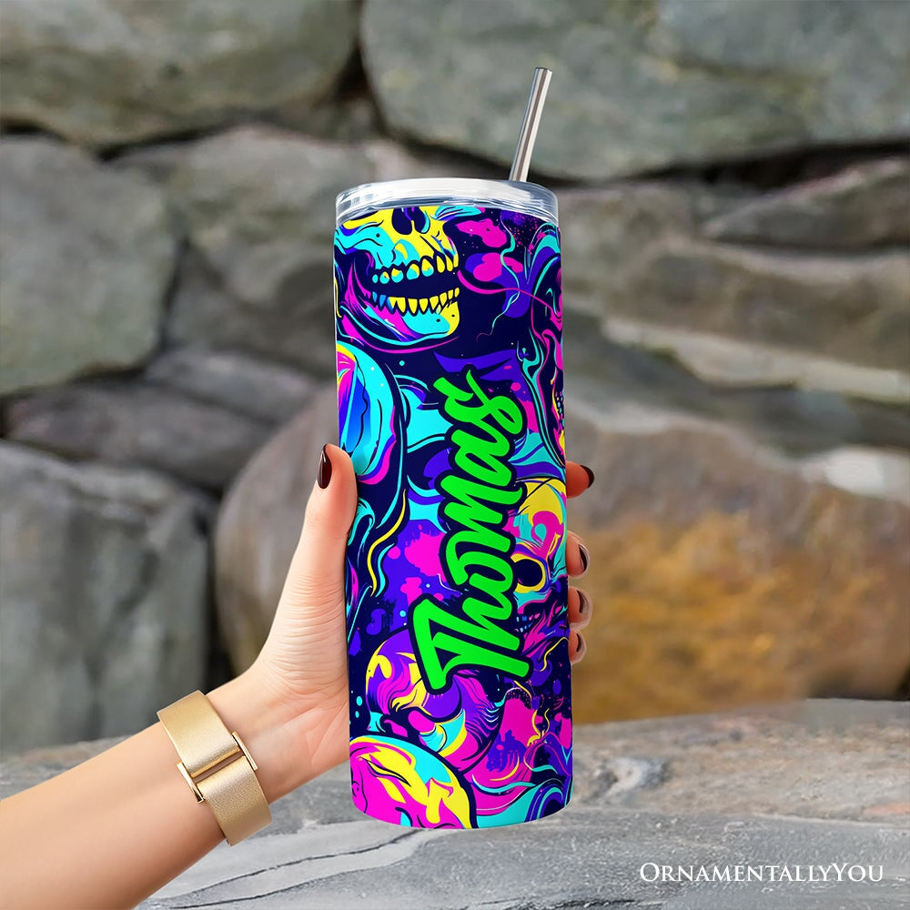 Neon Skull Chaos 20oz Personalized Tumbler With Lid and Stainless Steel Straw, Psychedelic Horror Halloween Gift Cup