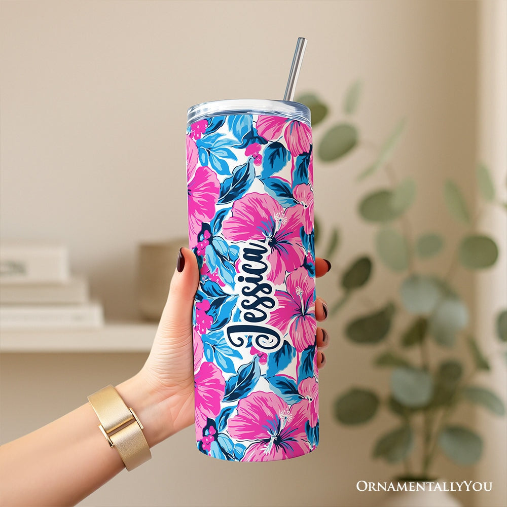 Pink and Blue Hibiscus Flowers 20oz Personalized Tumbler With Lid and Stainless Steel Straw, Vibrant Summer Floral Gift Cup