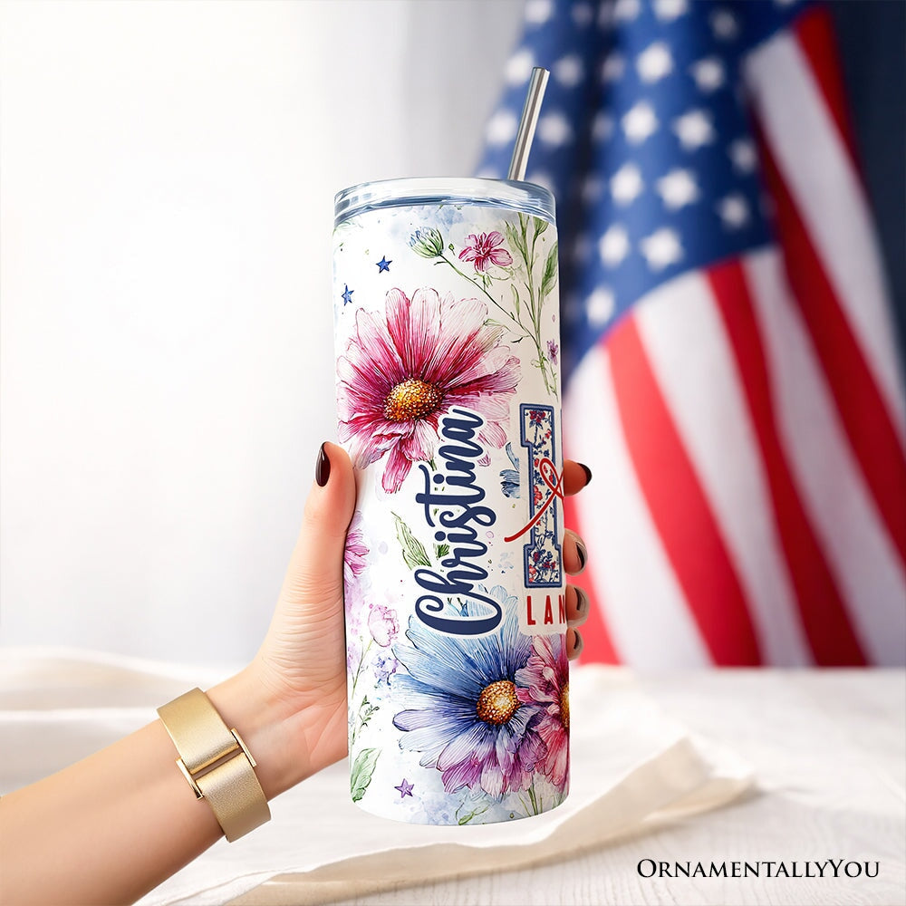 Retro America 1776 Daisy Flower 20oz Personalized Tumbler With Lid and Stainless Steel Straw, Land of the Free Patriotic Gift Cup