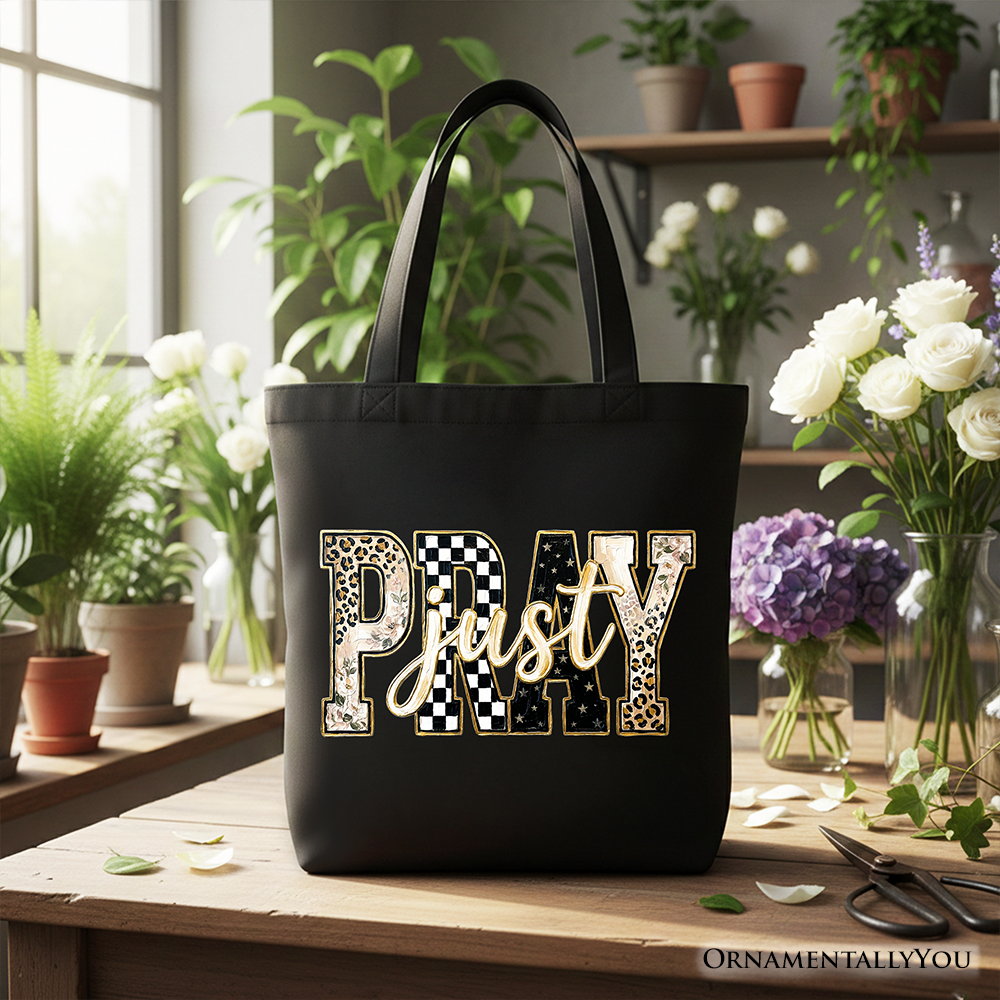 Just Pray Christian Varsity Tote Bag, Retro Leopard Checkered Faith Gift Shopper