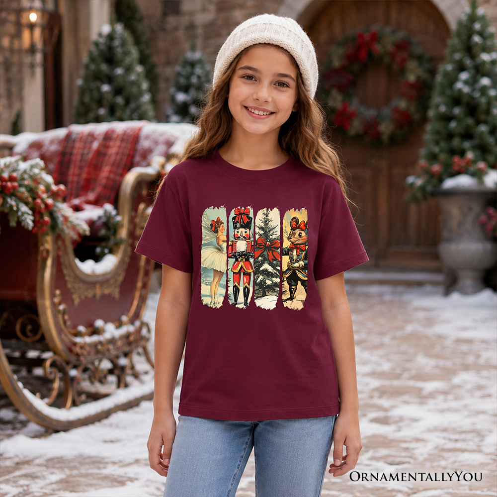 Kids Ballet and Nutcracker Christmas T-Shirt, Coquette Bow and Mouse Youth Vintage Holiday Tee