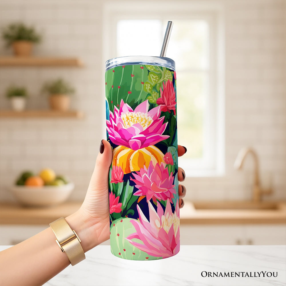 Blooming Desert Cactus Garden 20oz Personalized Tumbler With Lid and Stainless Steel Straw, Colorful Succulent Floral Gift Cup