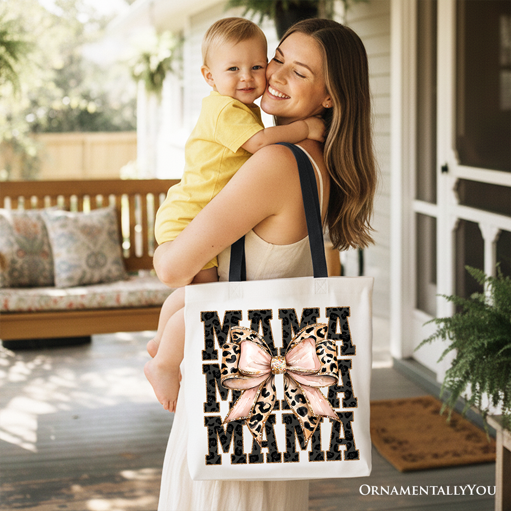 Glitter Leopard Mama Tote Bag, Coquette Bow Gift Shopper for Glam and Trendy Mothers