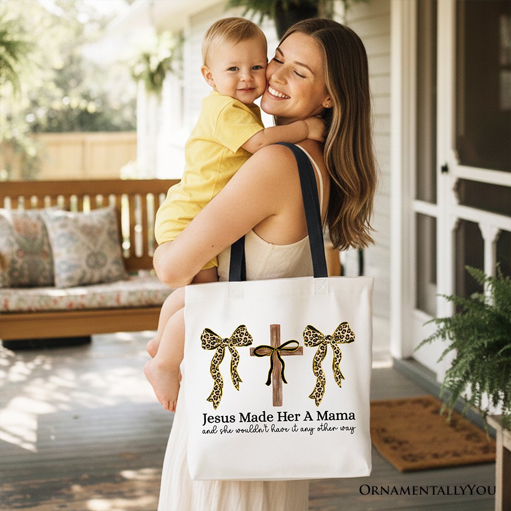 Jesus Made Her A Mama Tote Bag, Coquette Christian Leopard Bows Faith Gift Shopper