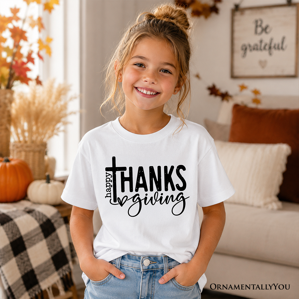 Kids Happy Thanksgiving Minimalist T-Shirt, Christian Religious Fall Tee for Youth