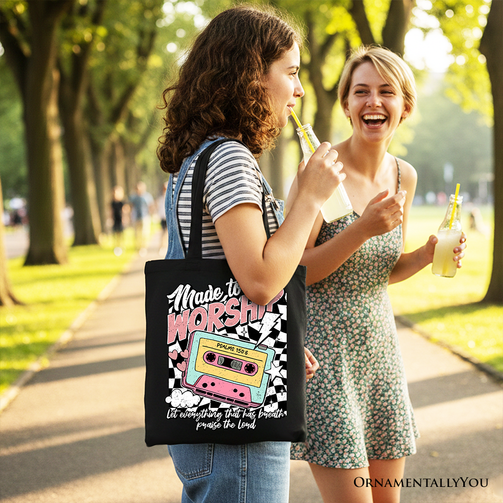 Made to Worship Christian Retro Tote Bag, Psalm 150:6 Bible Verse Gift Shopper