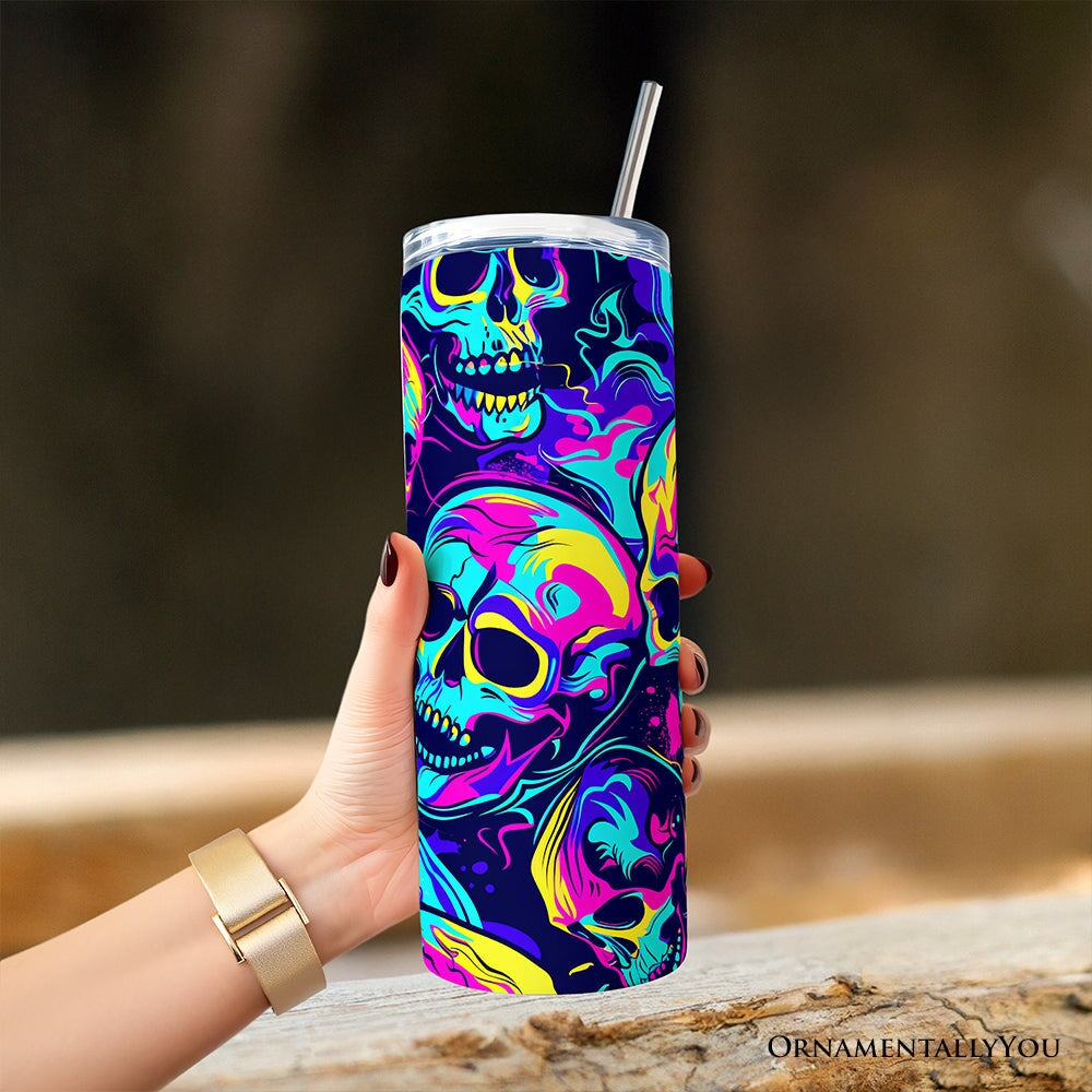 Neon Skull Chaos 20oz Personalized Tumbler With Lid and Stainless Steel Straw, Psychedelic Horror Halloween Gift Cup