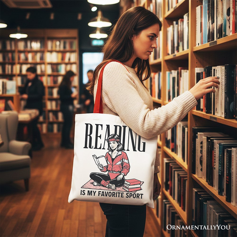 Reading Is My Favorite Sport Bookworm Canvas Tote Bag, Retro Bibliophile Gift Shopper
