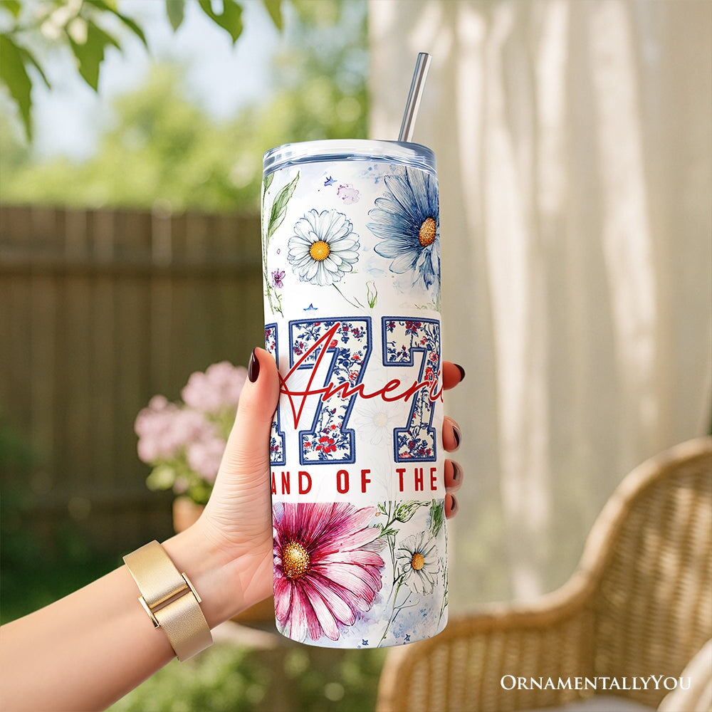 Retro America 1776 Daisy Flower 20oz Personalized Tumbler With Lid and Stainless Steel Straw, Land of the Free Patriotic Gift Cup