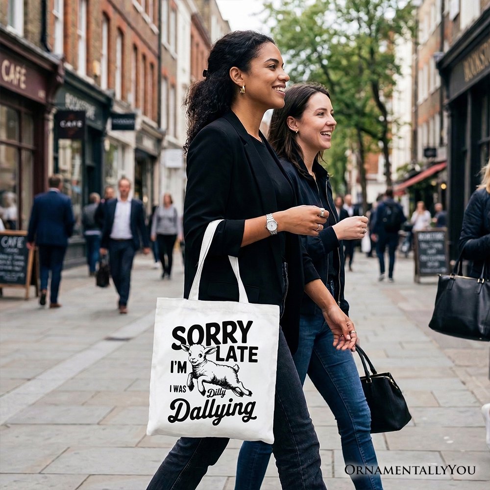 Sorry I'm Late Funny Lamb Tote Bag, Retro Dilly Dallying Gift Shopper for Quirky Women
