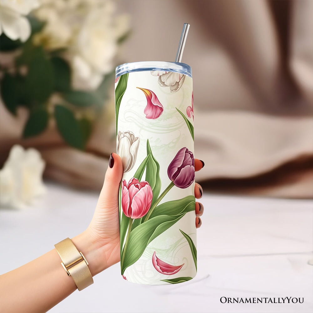 Spring Tulip Garden 20oz Personalized Tumbler With Lid and Stainless Steel Straw, Colorful Floral Bouquet Gift Cup