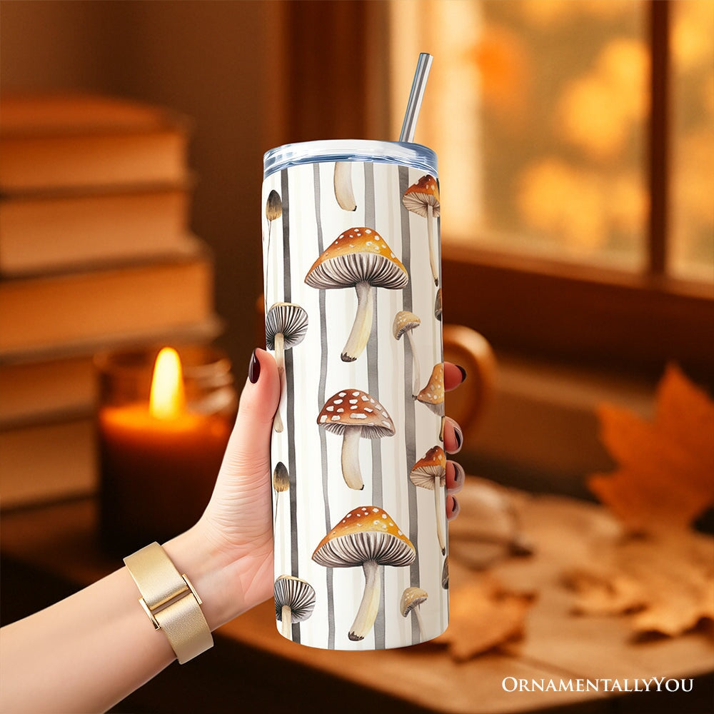 Vintage Woodland Mushroom Pattern 20oz Personalized Tumbler With Lid and Stainless Steel Straw, Forest Forager Nature Gift Cup