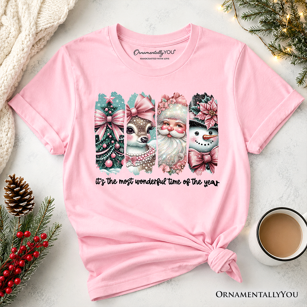 Kids Coquette Pink Christmas T-Shirt, It's The Most Wonderful Time Of The Year Vintage Tree, Reindeer, Santa and Snowman Youth Tee