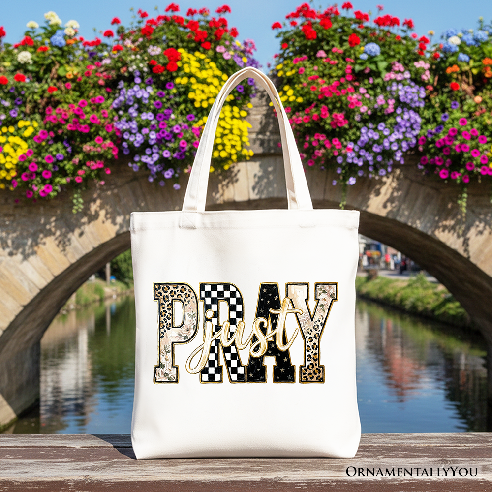 Just Pray Christian Varsity Tote Bag, Retro Leopard Checkered Faith Gift Shopper
