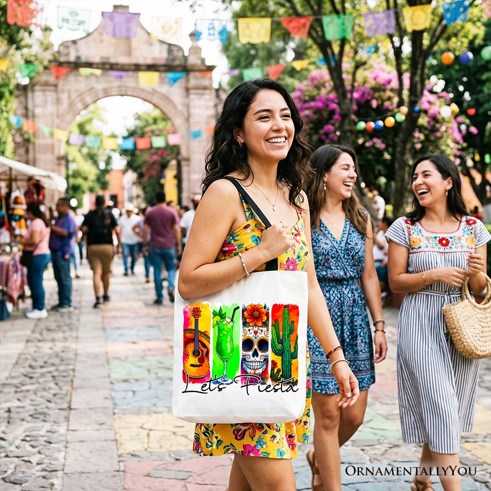 Cinco De Mayo Brushstroke Mexican Tote Bag, Let’s Fiesta Guitar Margarita Skull Cactus Gift Shopper