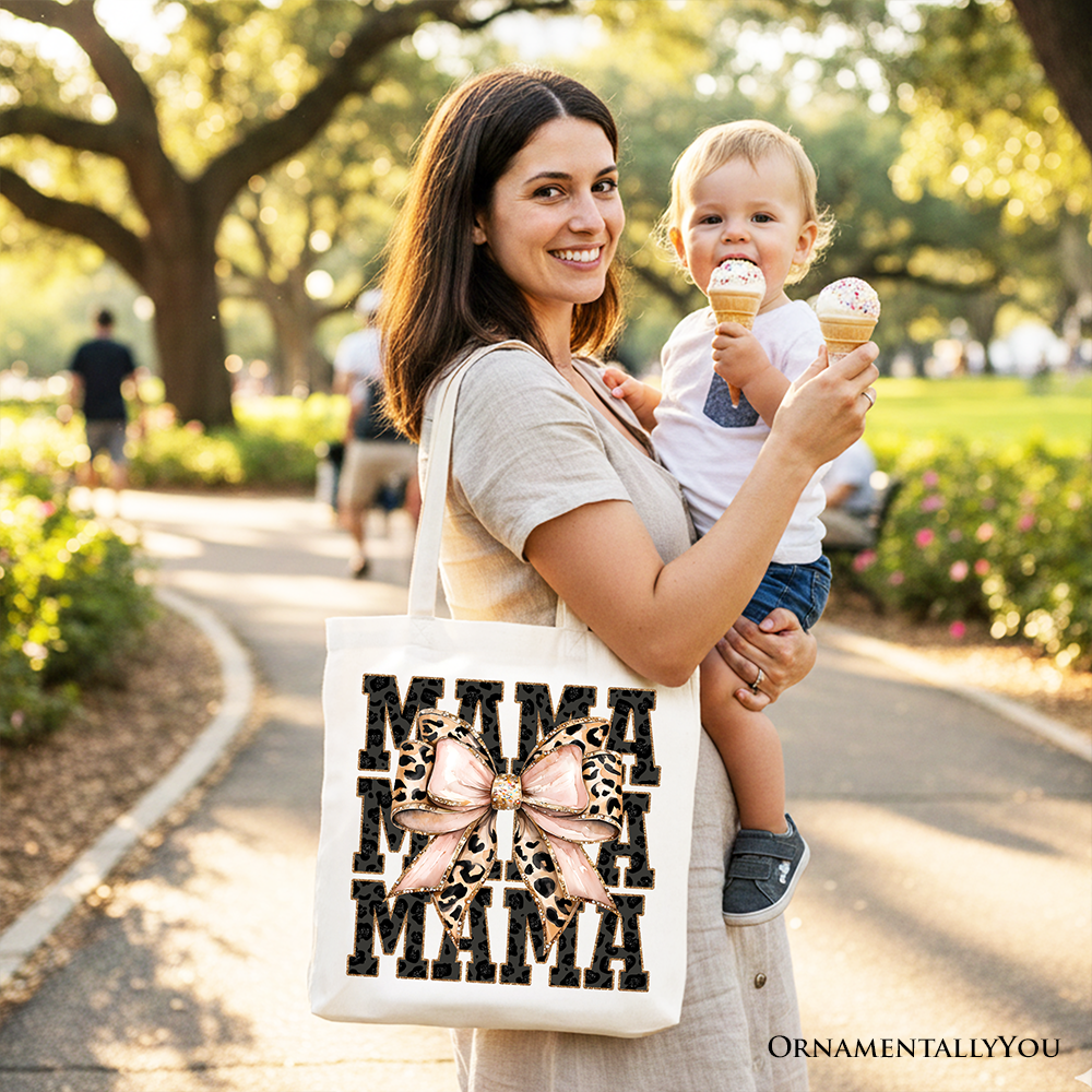 Glitter Leopard Mama Tote Bag, Coquette Bow Gift Shopper for Glam and Trendy Mothers