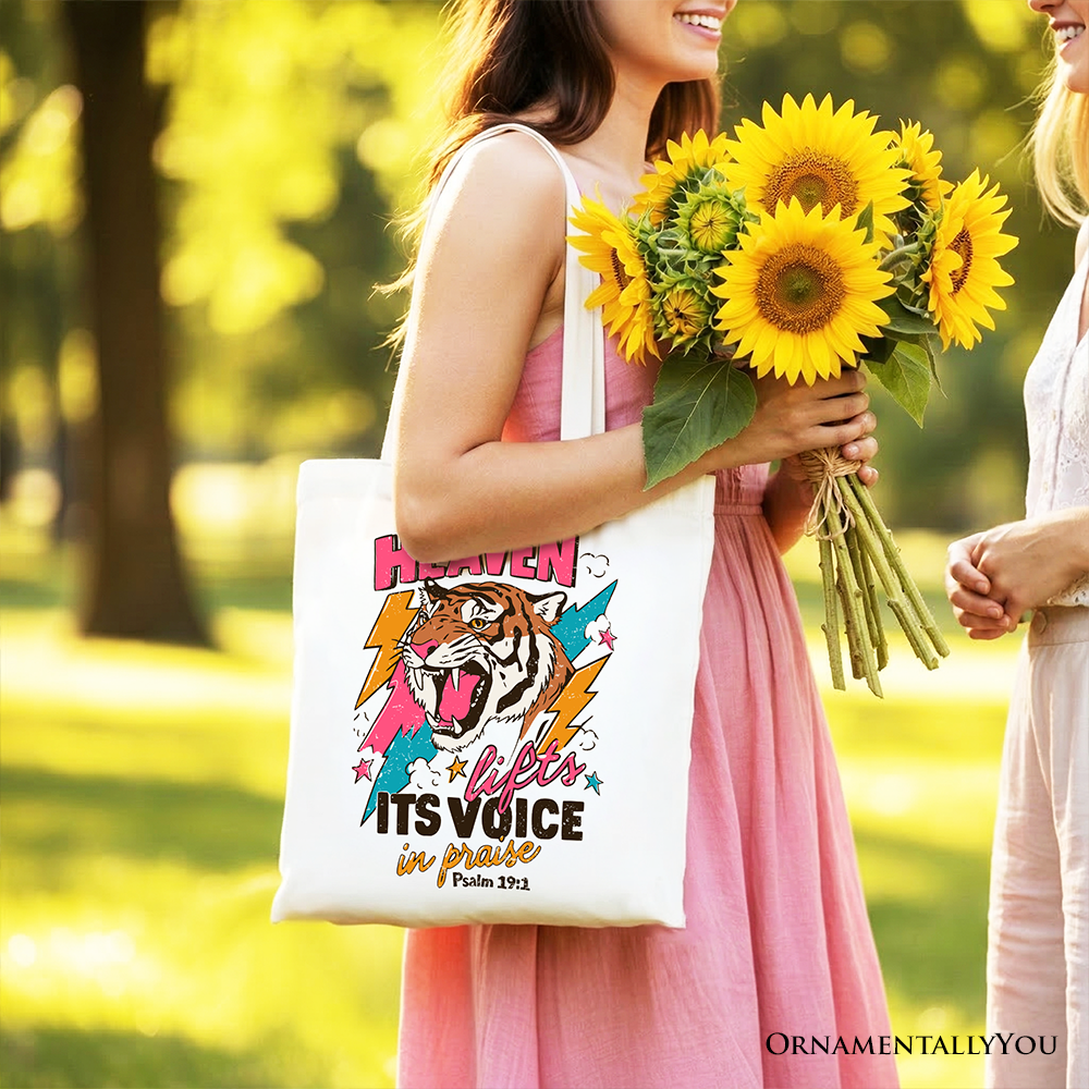 Heaven Lifts its Voice in Praise Christian Tote Bag, Tiger Psalm 191 Bible Verse Gift Shopper