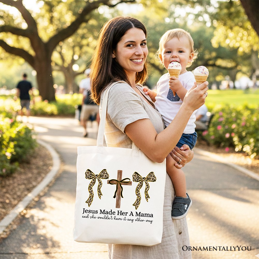 Jesus Made Her A Mama Tote Bag, Coquette Christian Leopard Bows Faith Gift Shopper