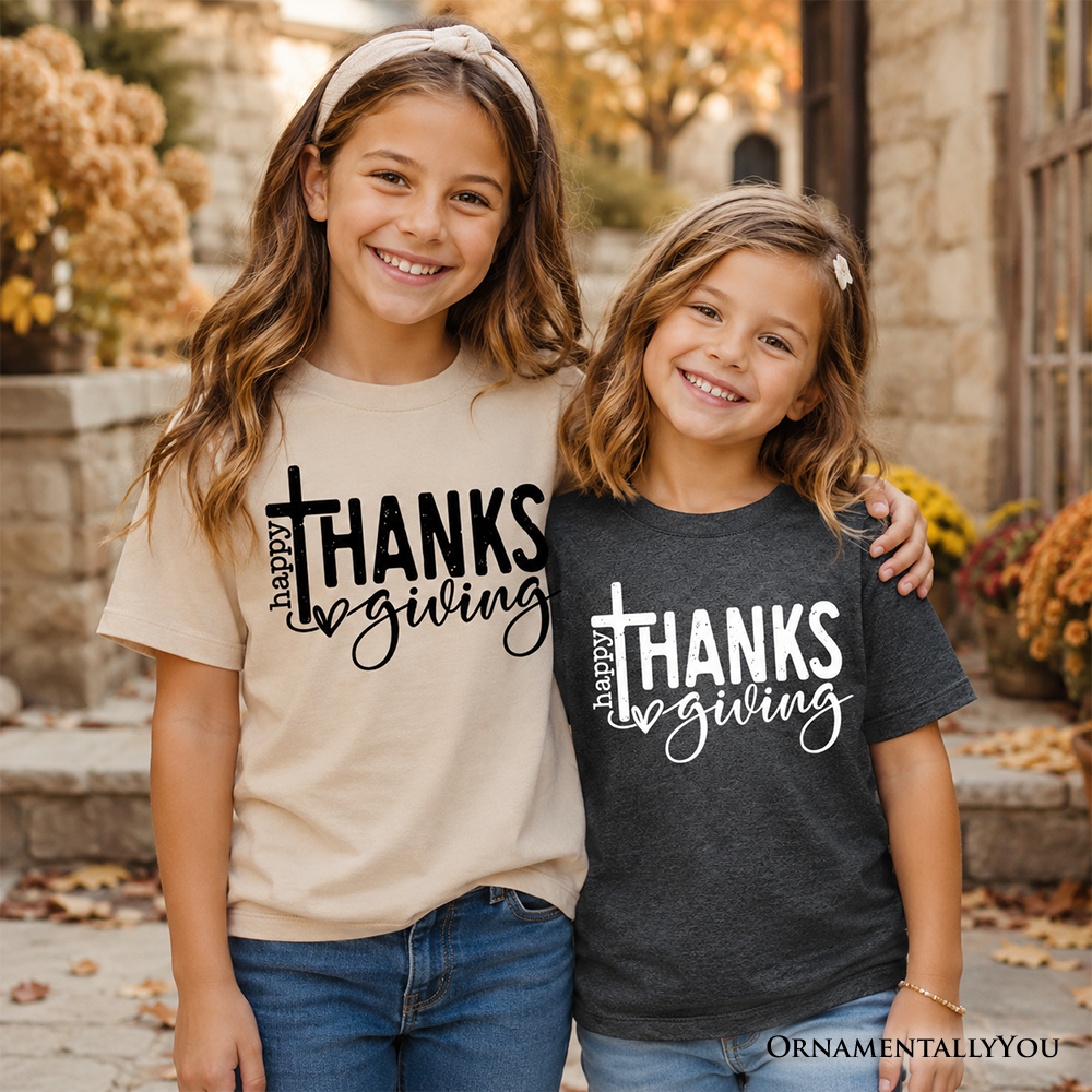 Kids Happy Thanksgiving Minimalist T-Shirt, Christian Religious Fall Tee for Youth