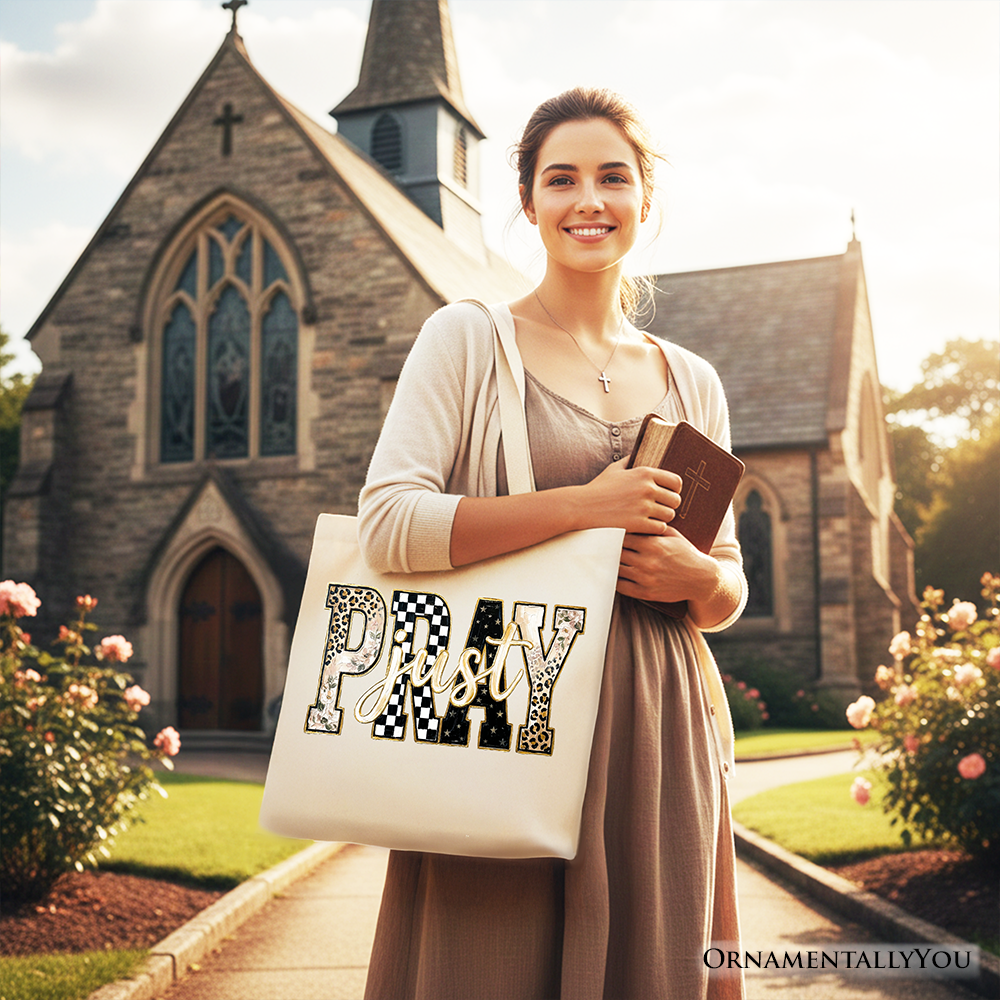 Just Pray Christian Varsity Tote Bag, Retro Leopard Checkered Faith Gift Shopper