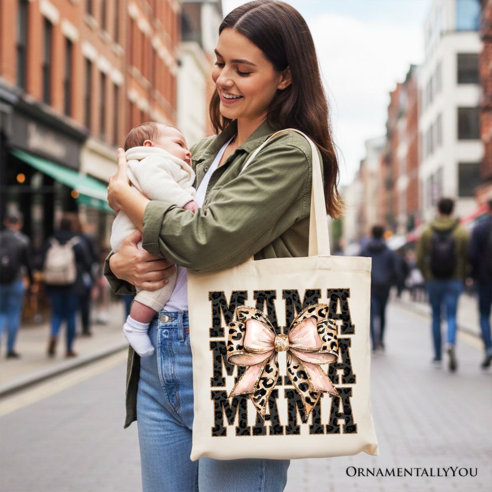 Glitter Leopard Mama Tote Bag, Coquette Bow Gift Shopper for Glam and Trendy Mothers
