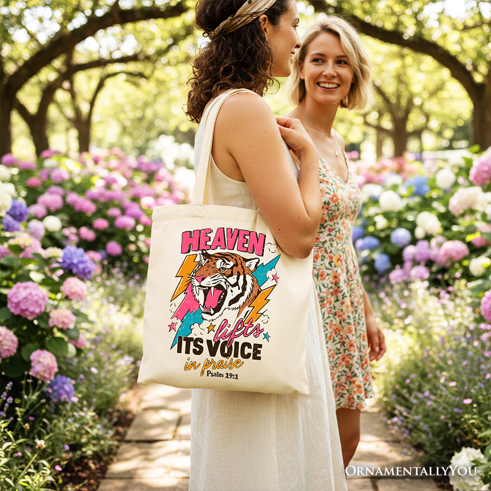 Heaven Lifts its Voice in Praise Christian Tote Bag, Tiger Psalm 191 Bible Verse Gift Shopper
