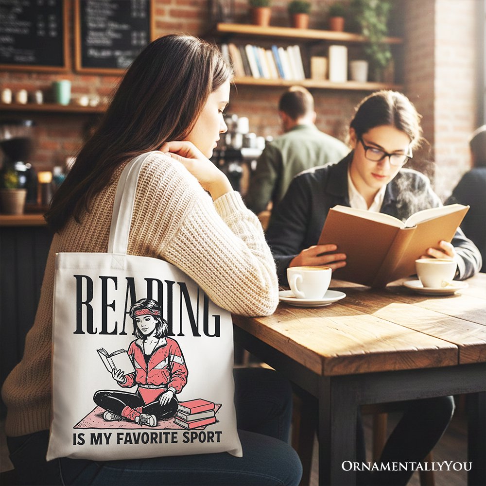 Reading Is My Favorite Sport Bookworm Canvas Tote Bag, Retro Bibliophile Gift Shopper