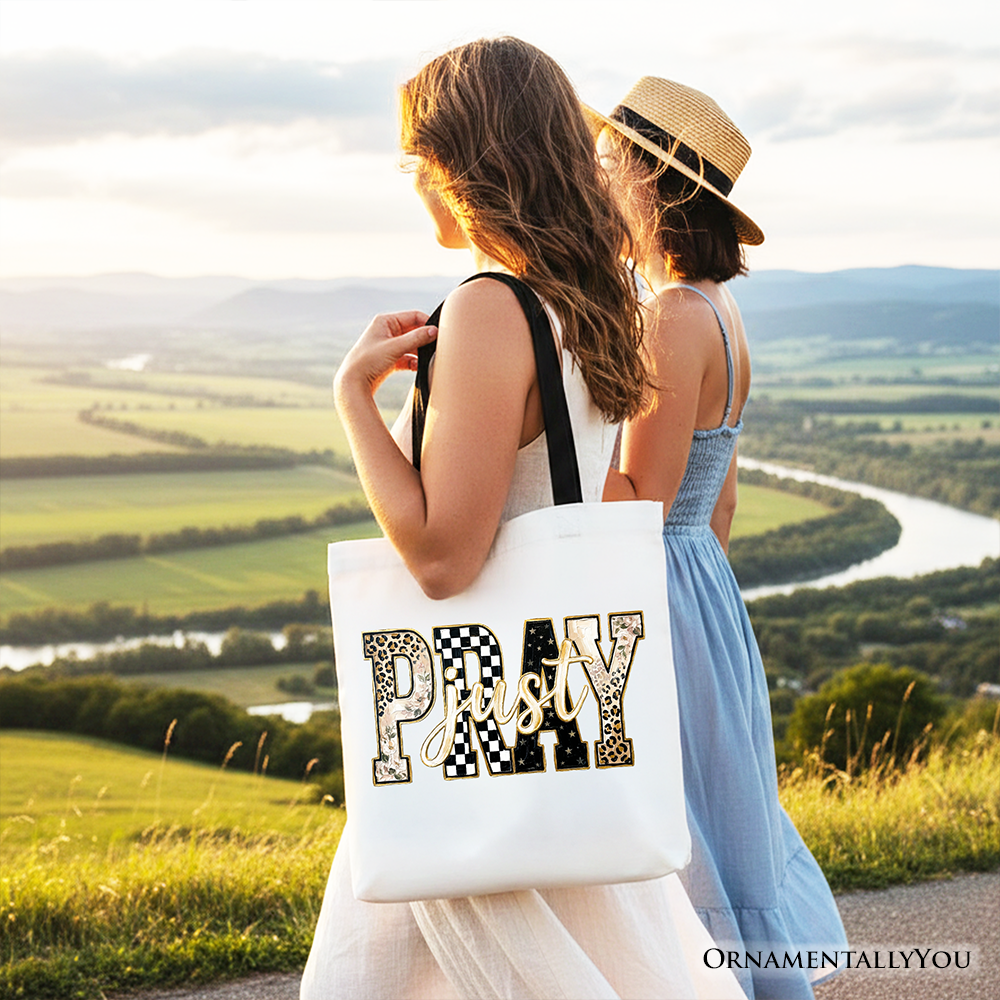 Just Pray Christian Varsity Tote Bag, Retro Leopard Checkered Faith Gift Shopper
