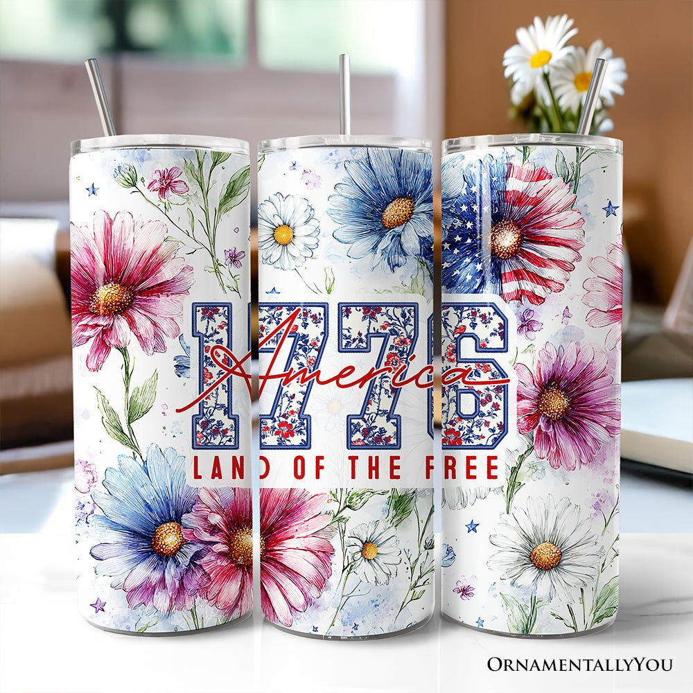 Retro America 1776 Daisy Flower 20oz Personalized Tumbler With Lid and Stainless Steel Straw, Land of the Free Patriotic Gift Cup