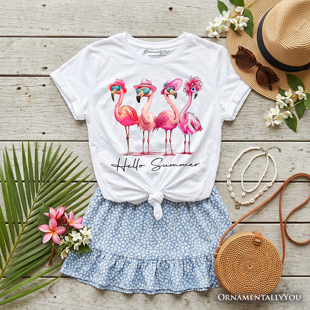 Kids Flamingo Hello Summer T-Shirt, Retro Tee with Tropical Birds for Youth Girls