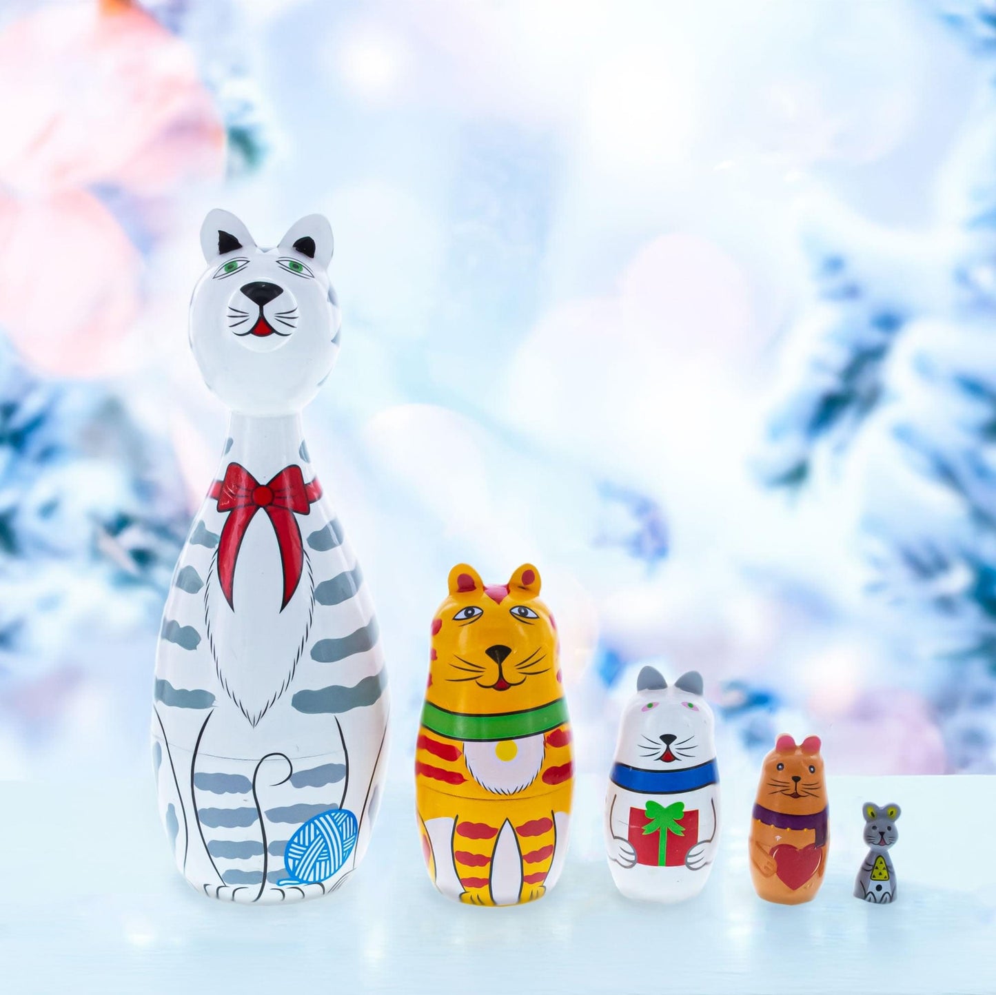 Four Cats and Mouse Wooden Nesting Dolls 7 Inches