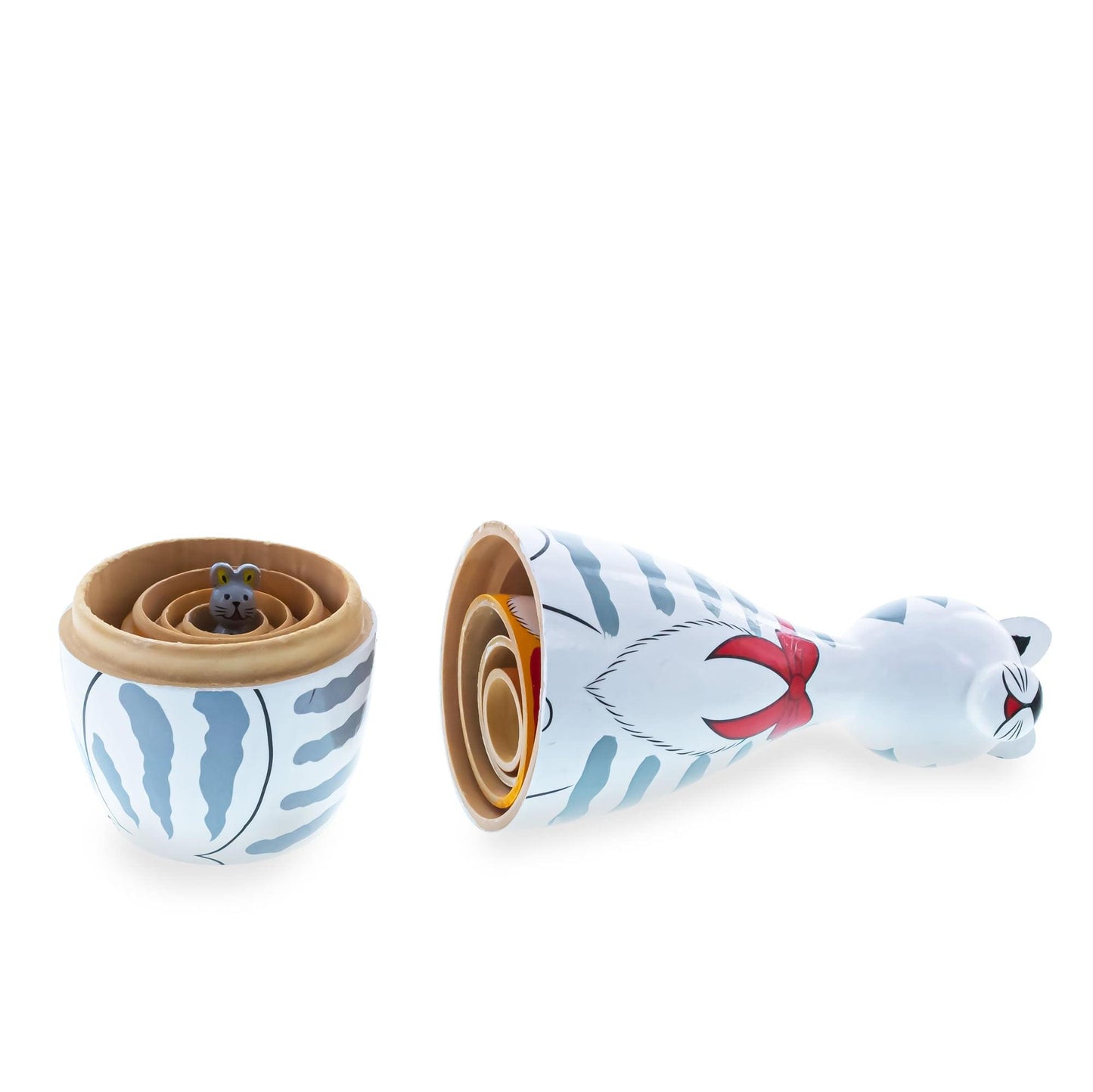 Four Cats and Mouse Wooden Nesting Dolls 7 Inches