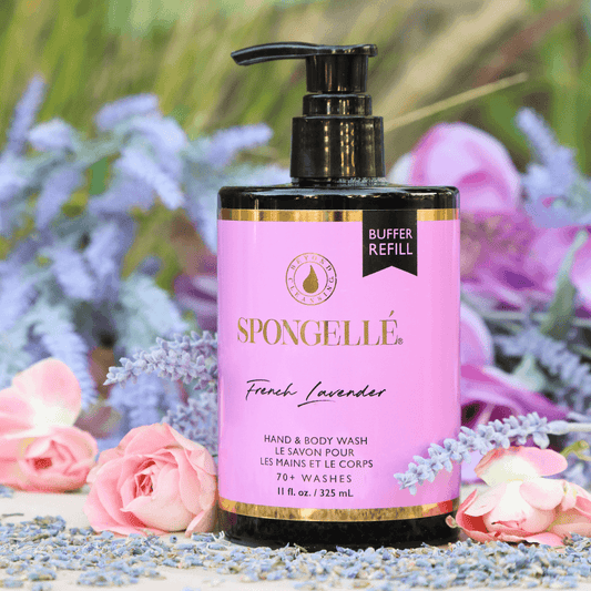 a bottle of body wash with pink flowers