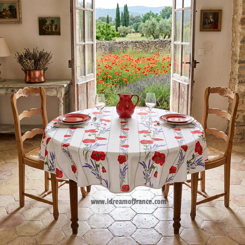 French Provencal tablecloth - Acrylic coated cotton, Spill-proof - 58" round - Poppies ivory | Tissus Toselli
