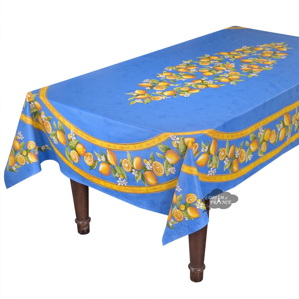 French Provencal tablecloth - Acrylic coated cotton, Spill-proof - 60x96" Rectangular - Lemons blue | Tissus Toselli